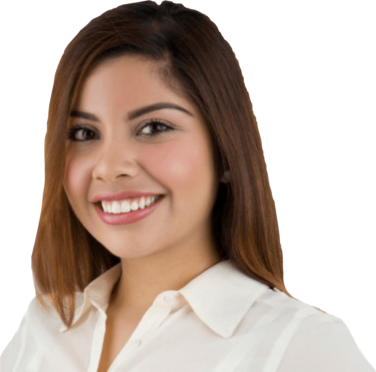 A woman with straight, shoulder-length brown hair smiles at the camera. She is wearing a white button-up shirt. The background is transparent.