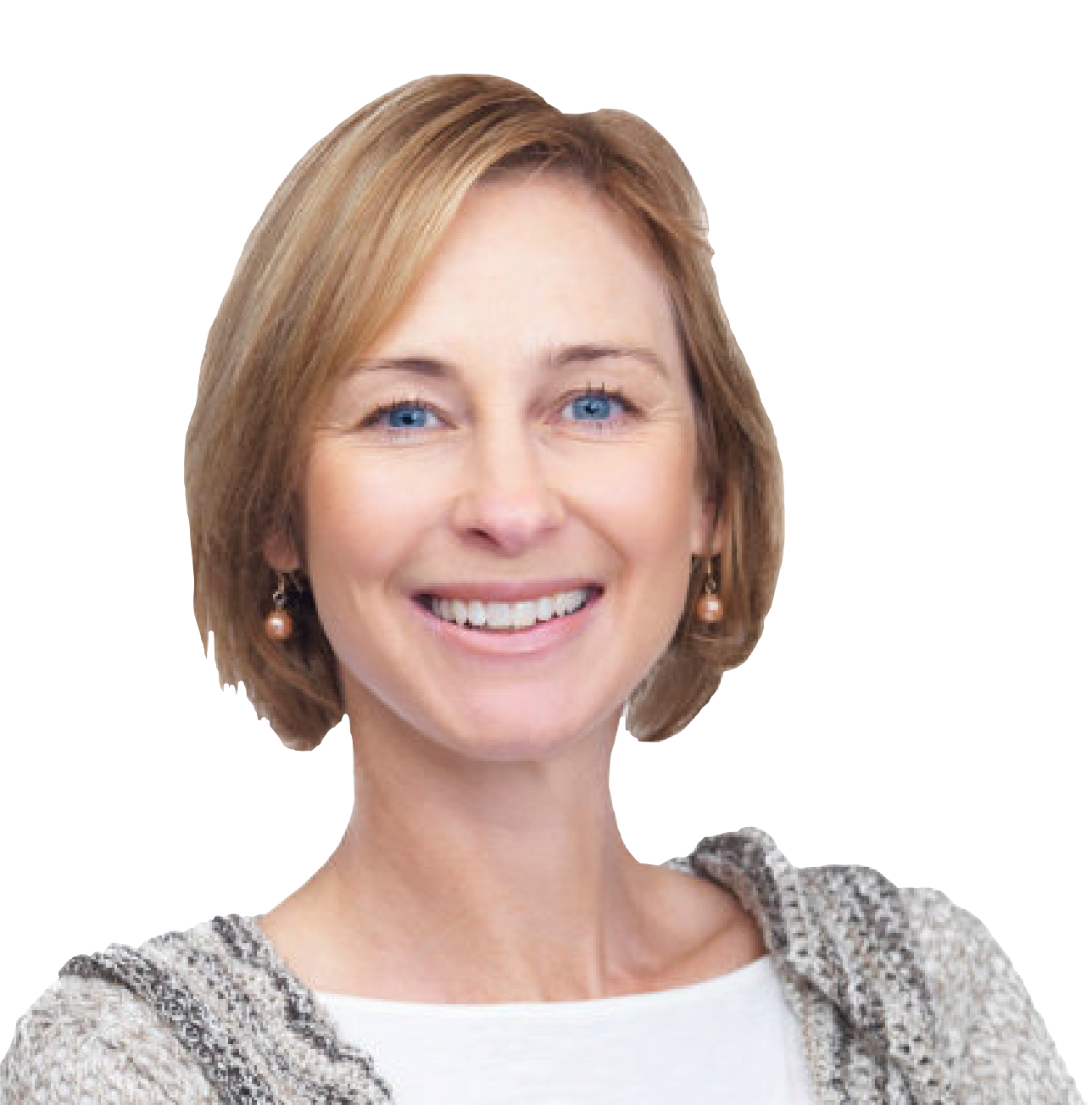 Smiling woman with short blonde hair wearing a white top and a gray knit cardigan. She is looking directly at the camera.